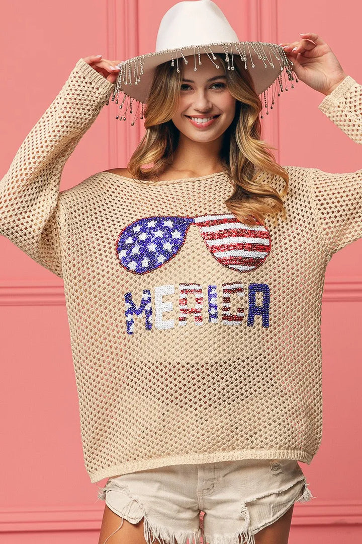 BiBi Sequin American Flag Sunglasses Knit Top Tops