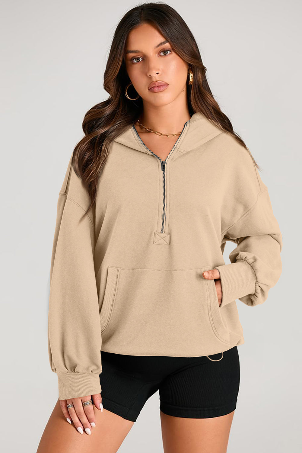 Pocketed Half Zip Long Sleeve Hoodie Dust Storm Tops