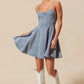 SO ME light-wash denim A-line fit and flare mini dress with spaghetti straps