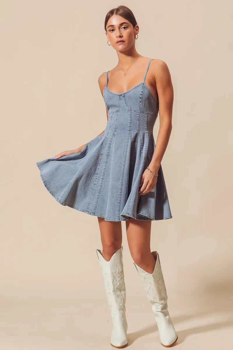 SO ME light-wash denim A-line fit and flare mini dress with spaghetti straps