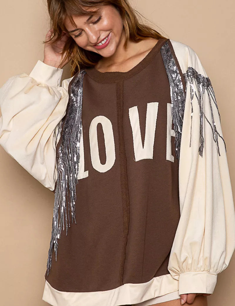 CHOCO CREAM S POL Balloon Sleeve French Terry Sweatshirt with Sequin Tassel | Sweatshirts Daverri Fashions