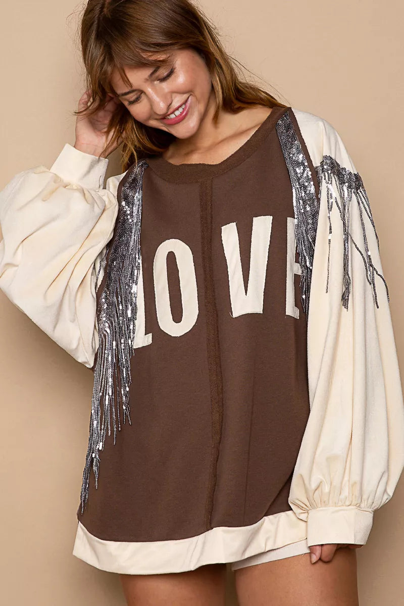 CHOCO CREAM S POL Balloon Sleeve French Terry Sweatshirt with Sequin Tassel | Sweatshirts Daverri Fashions