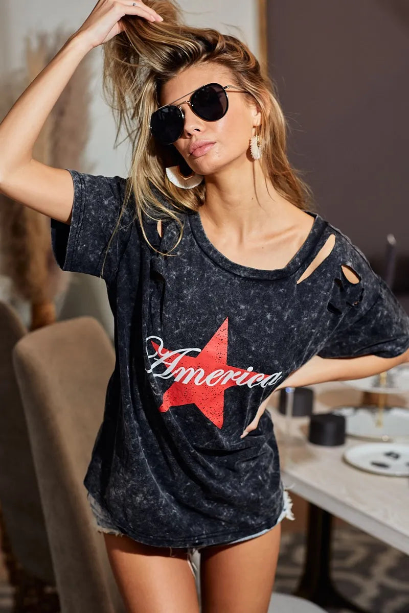 BiBi Laser Cut Mineral Washed Jersey Top with America Tops
