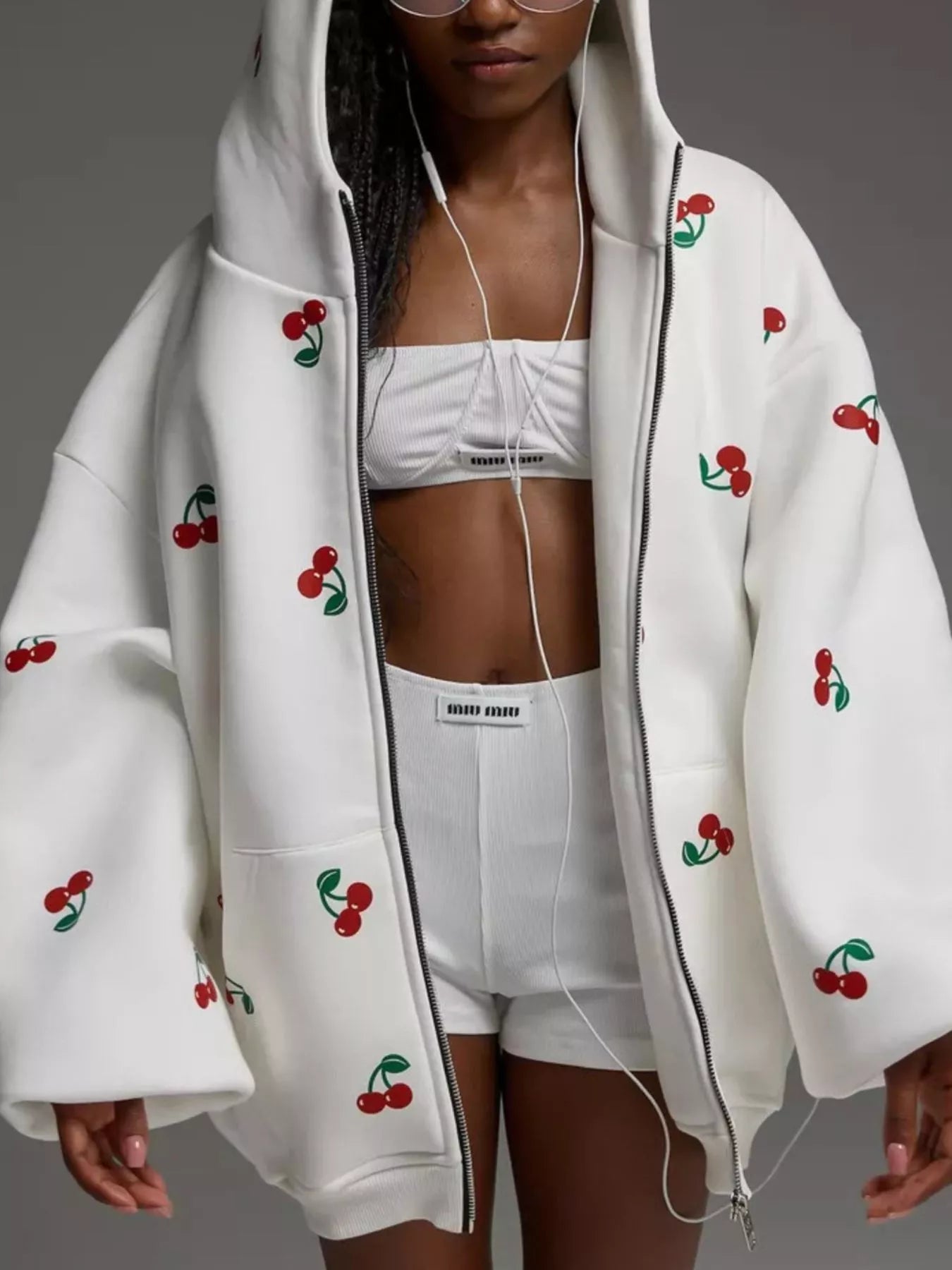 Cherry Print Oversized Zip-Up Hoodie | Hoodies Daverri Fashions