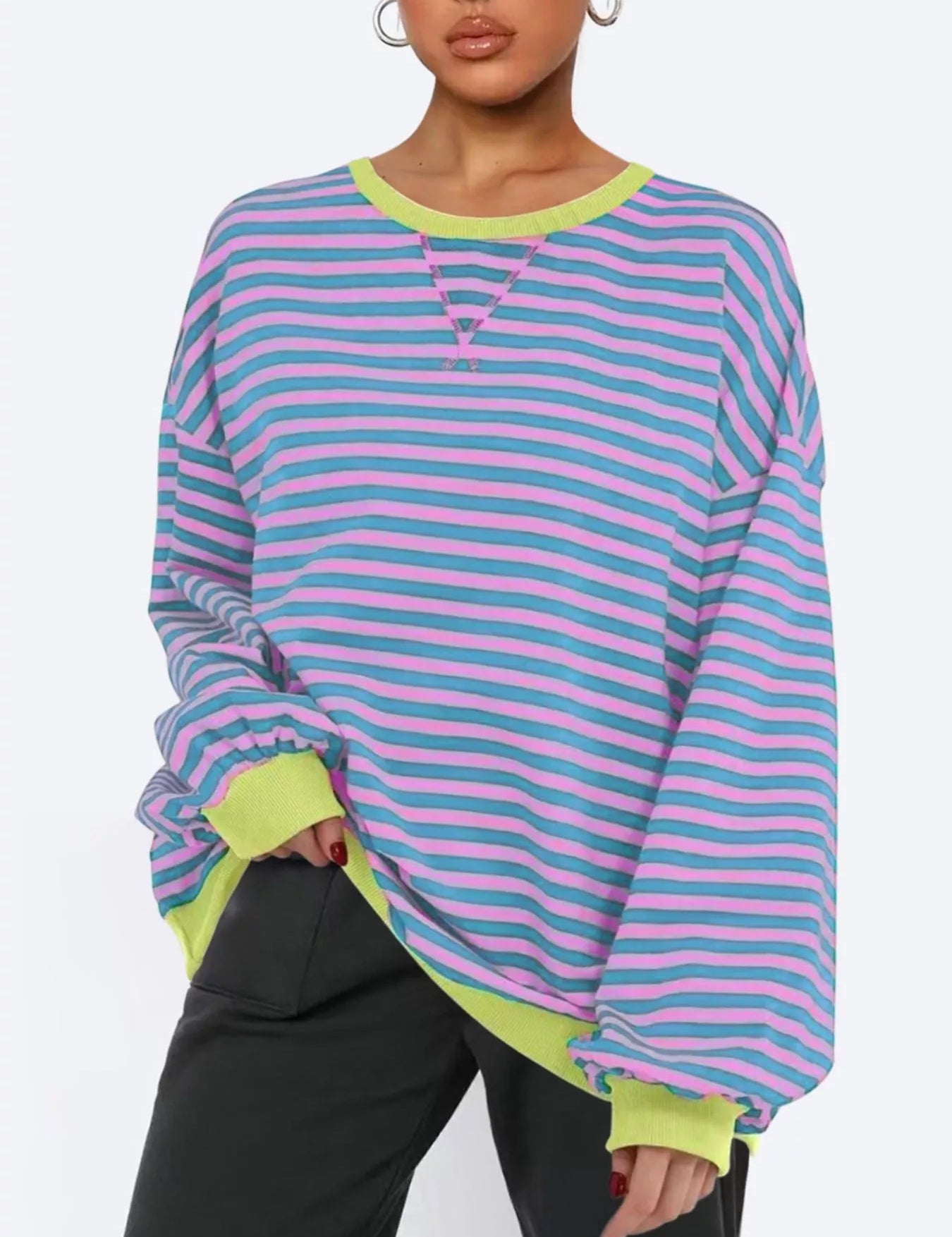 Dusty Blue Striped Round Neck Long Sleeve Sweatshirt | Sweatshirts Daverri Fashions