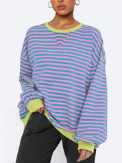 Dusty Blue Striped Round Neck Long Sleeve Sweatshirt | Sweatshirts Daverri Fashions