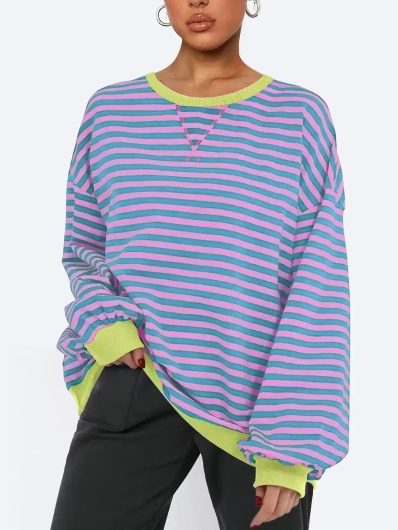 Striped Round Neck Long Sleeve Sweatshirt - DAVERRI FASHIONS