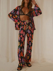 Black Printed Button Up Shirt and Pants Set | Loungewear Sets Daverri Fashions