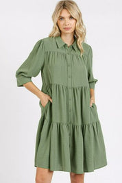 Mittoshop Button Detail Collared Neck Tiered Shirt Dress Sage S