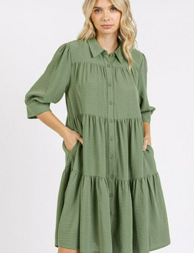 Mittoshop Button Detail Collared Neck Tiered Shirt Dress Sage S