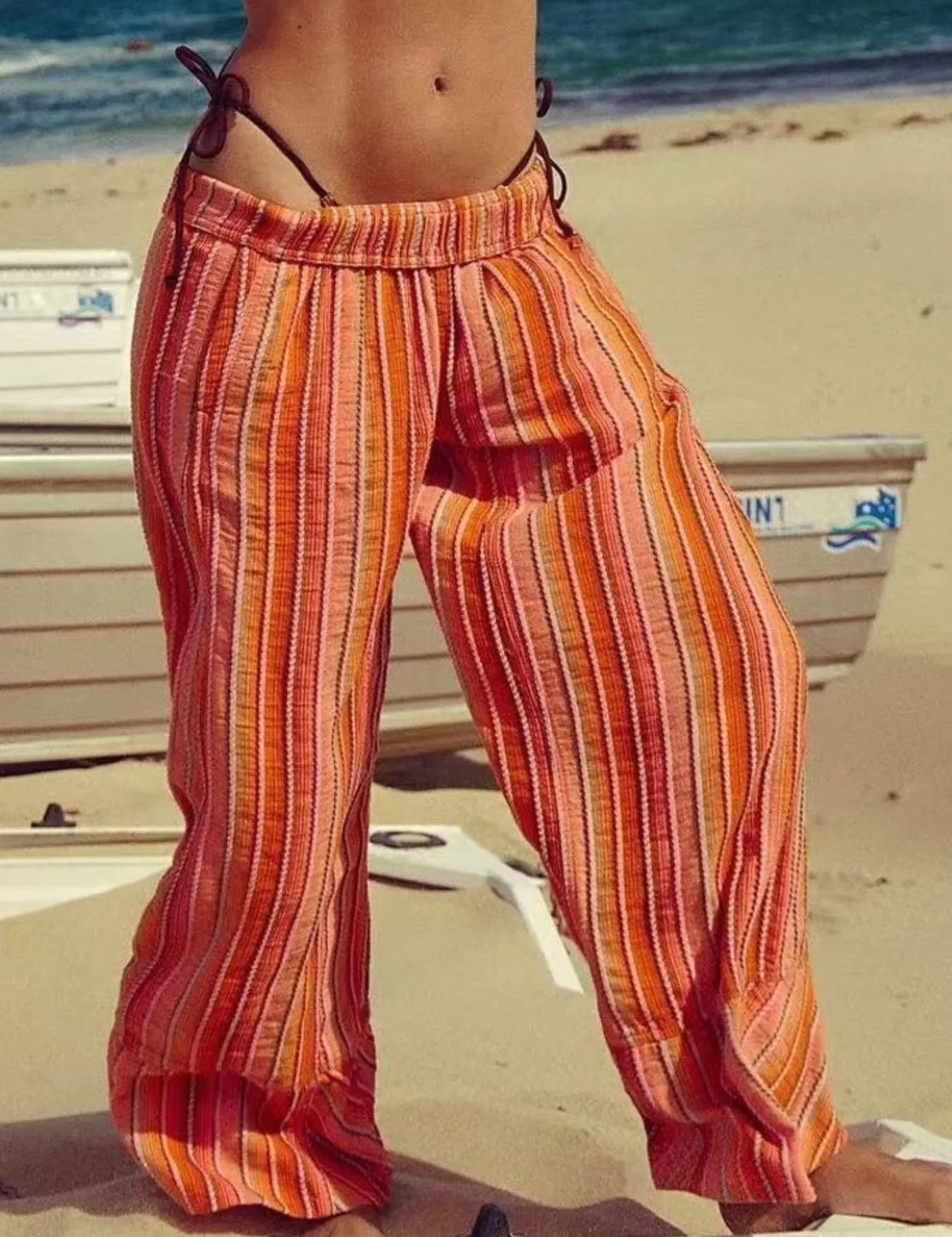 Orange Striped Wide Leg Pants | Pants Daverri Fashions