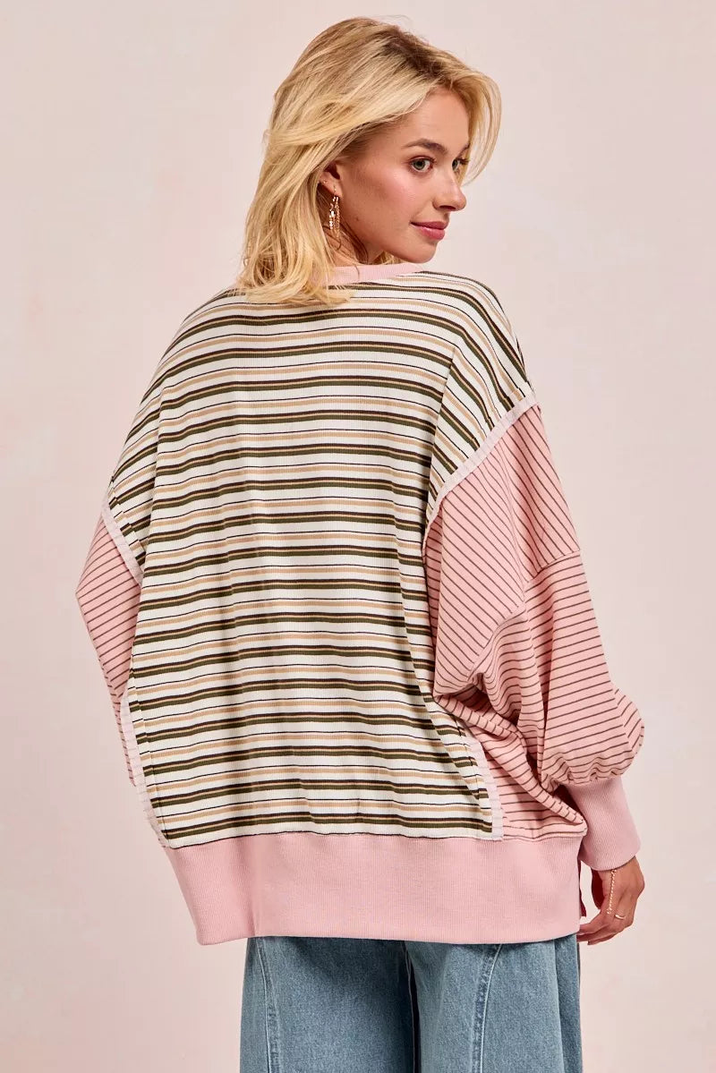 BiBi Stripe Mixed Top With Cut Edge And Reverse Outseam | Sweatshirts Daverri Fashions