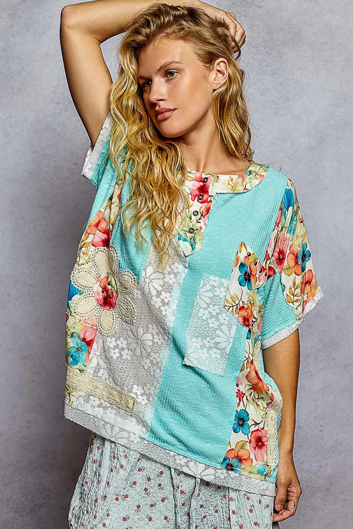 POL Lace Round Neck Short Sleeve Floral Pattern Top with Patch Detail | Tops Daverri Fashions