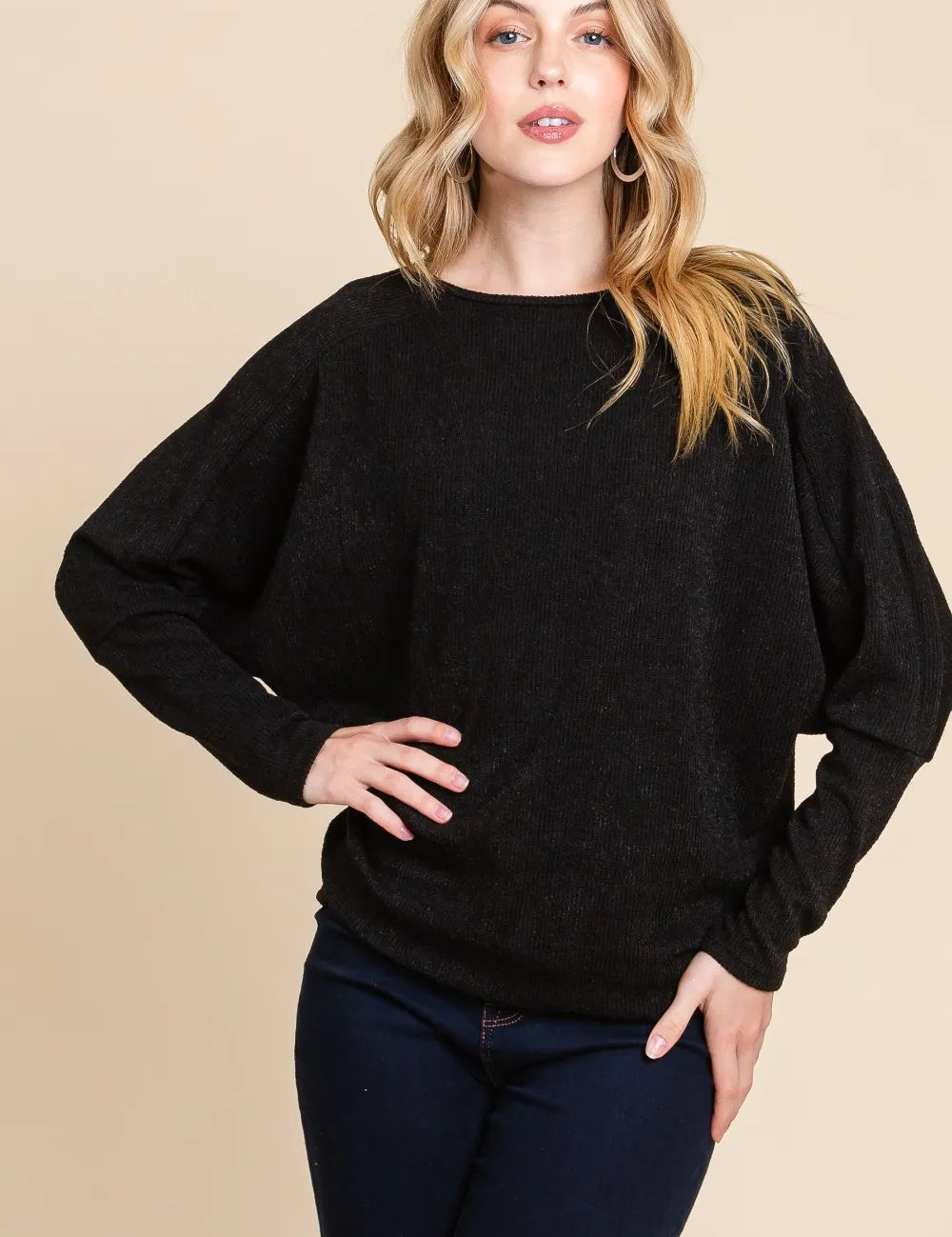 Black BOMBOM Drop Shoulder Long Sleeve Knit Top | Knit Tops Daverri Fashions