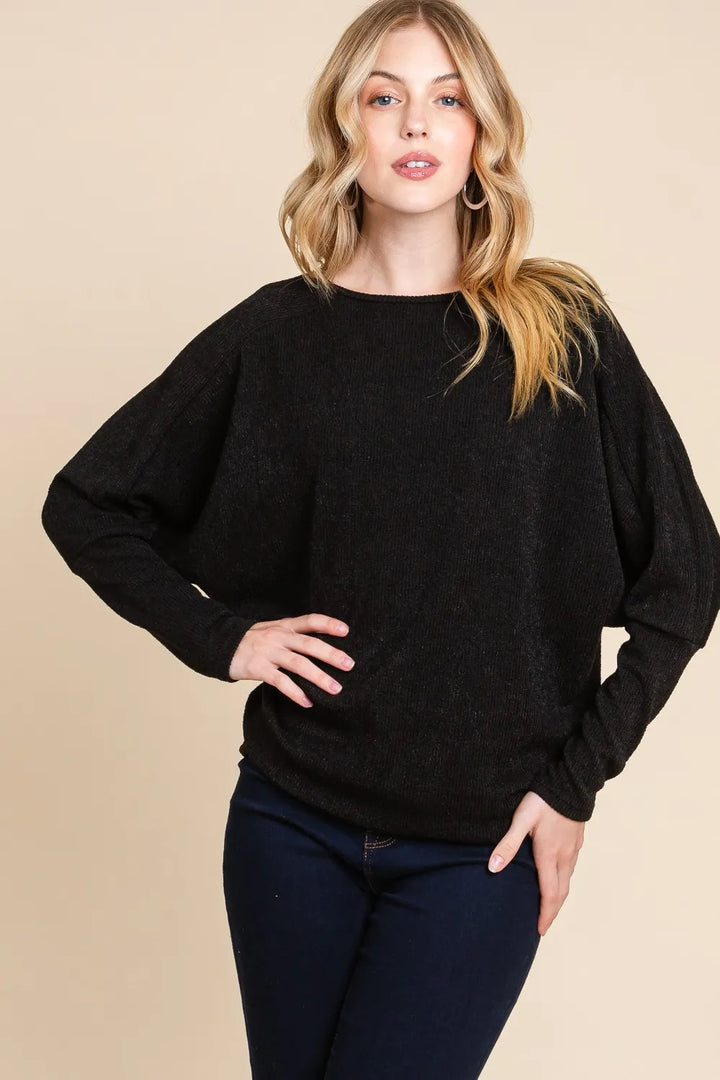 Black BOMBOM Drop Shoulder Long Sleeve Knit Top | Knit Tops Daverri Fashions