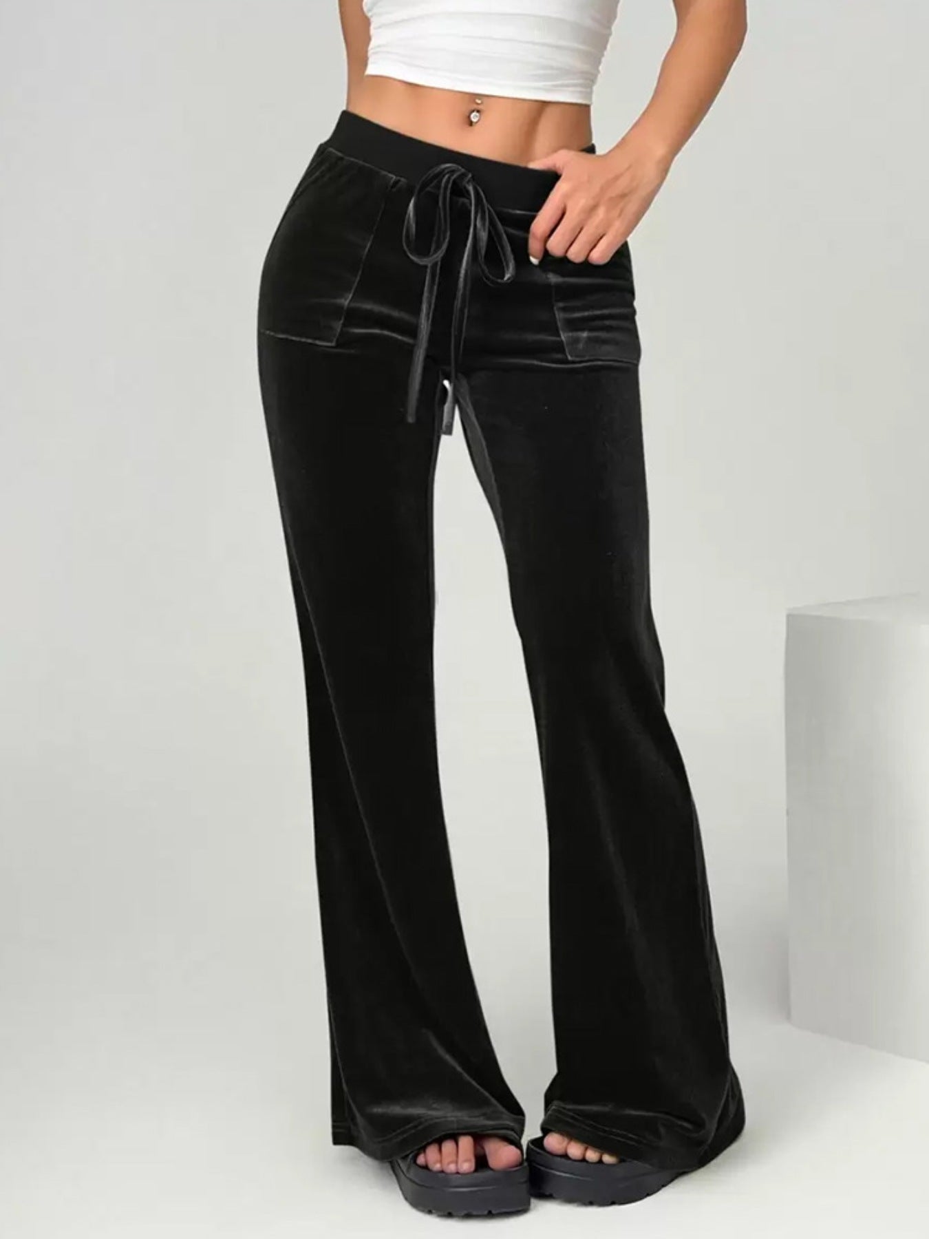 Daverri black velvet flare pants with drawstring waistband and pockets
