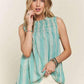 ADORA Contrast Striped Frill Round Neck Sleeveless Top Mint Blue S