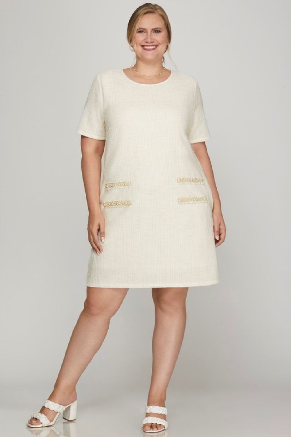 She + Sky Full Size Short Sleeve Pearl Studded Trim Knit Tweed Dress Plus Size Mini Dresses