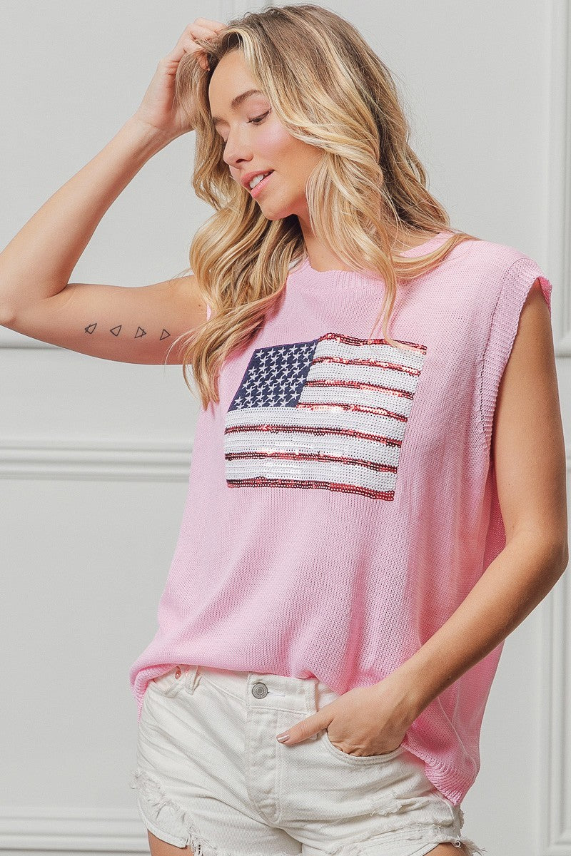 BiBi pink sleeveless knit top with sequined American flag patch