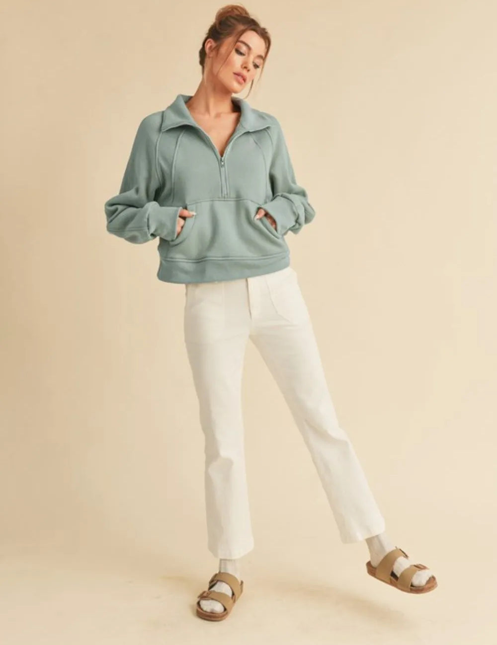 Aemi + Co Half Zip Raglan Sleeve Sweatshirt with Kangaroo Pocket | Sweatshirts Daverri Fashions
