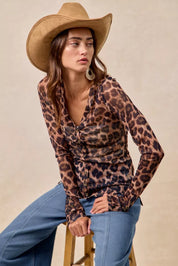 BiBi Leopard Printed Mesh Shirt With Button Up V Neck | Shirts Daverri Fashions