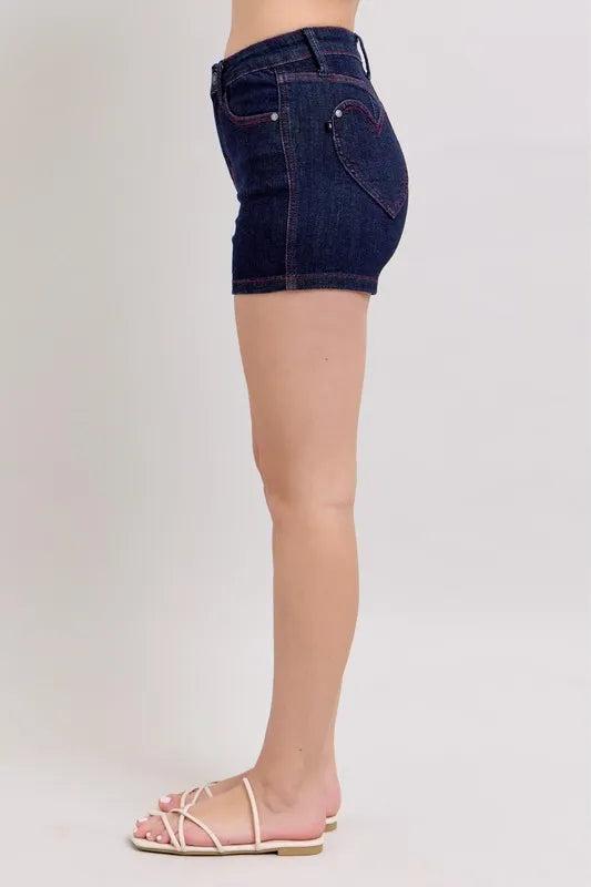 Judy Blue High Waist Heart Shaped Pkts & Red Contrast Thread Denim Shorts L | Bottoms Daverri Fashions