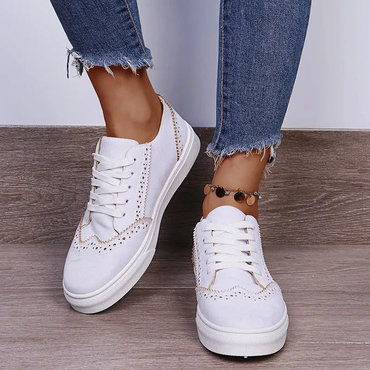 White Lace-Up Suedette Flat Sneakers | Sneakers Daverri Fashions