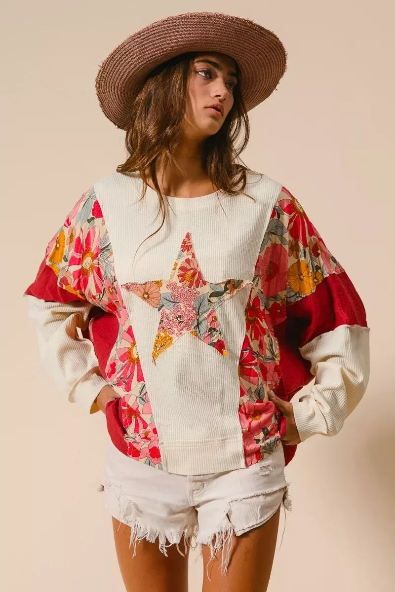 BiBi Floral Print Mixed Star Patch Round Neck Sweatshirt - DAVERRI FASHIONS