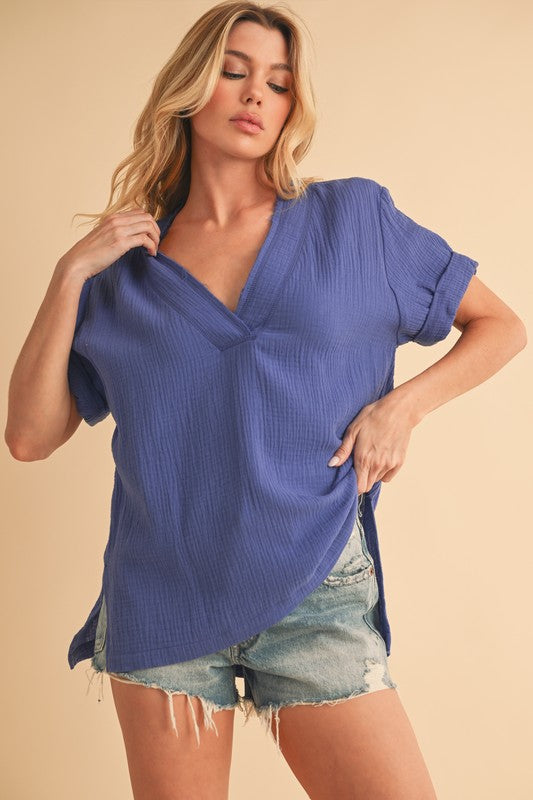 Aemi + Co Side Slit V-Neck Short Sleeve Blouse Blouses