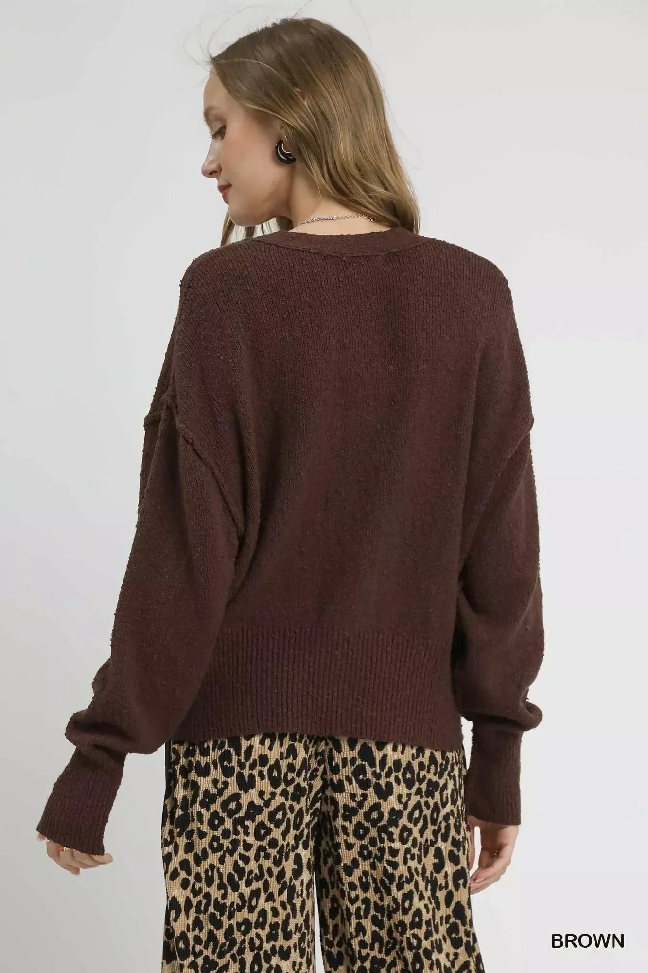 Umgee Button-Front V-Neck Knit Cardigan Brown - DAVERRI FASHIONS