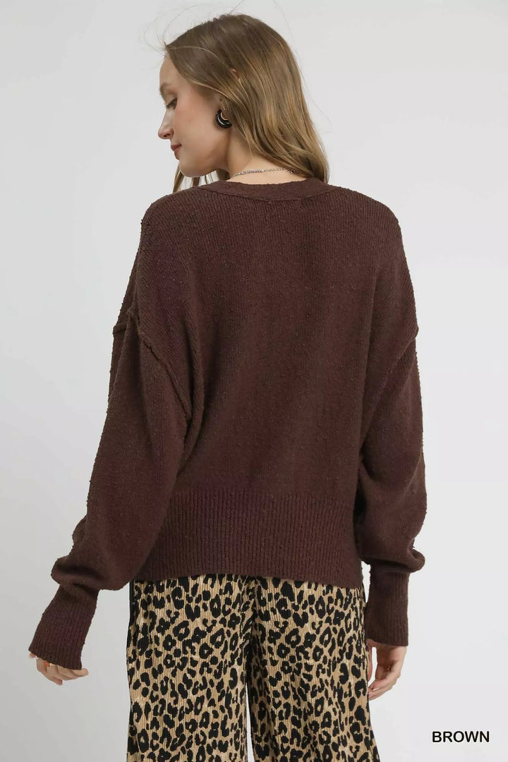 Umgee Button-Front V-Neck Knit Cardigan Brown | Cardigans Daverri Fashions