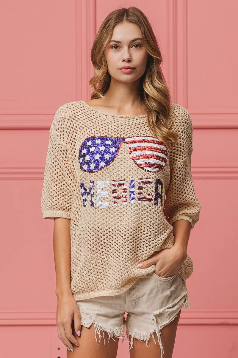 BiBi Sequin American Flag Sunglasses beige knit sweater with mer lettering