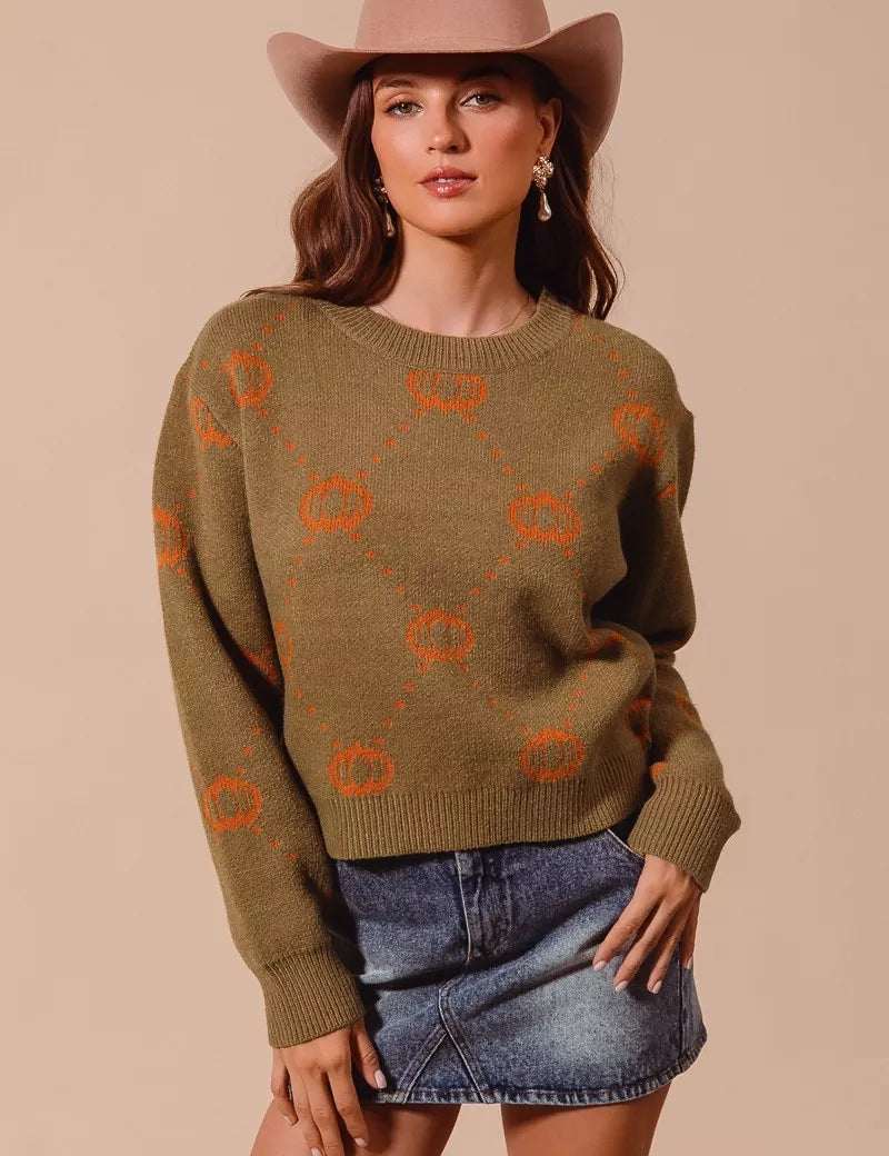 OLIVE RUST SO ME Pumpkin Rhombus Halloween Thanksgiving Sweater | Sweaters Daverri Fashions