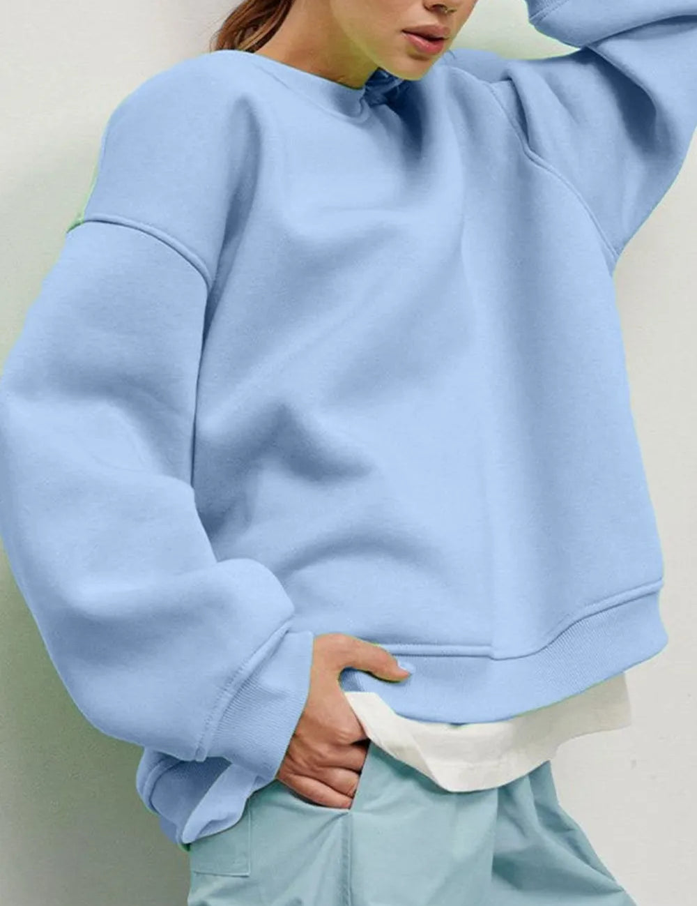 Light Blue Round Neck Dropped Shoulder Long Sleeve Sweatshirt | Sweatshirts Daverri Fashions