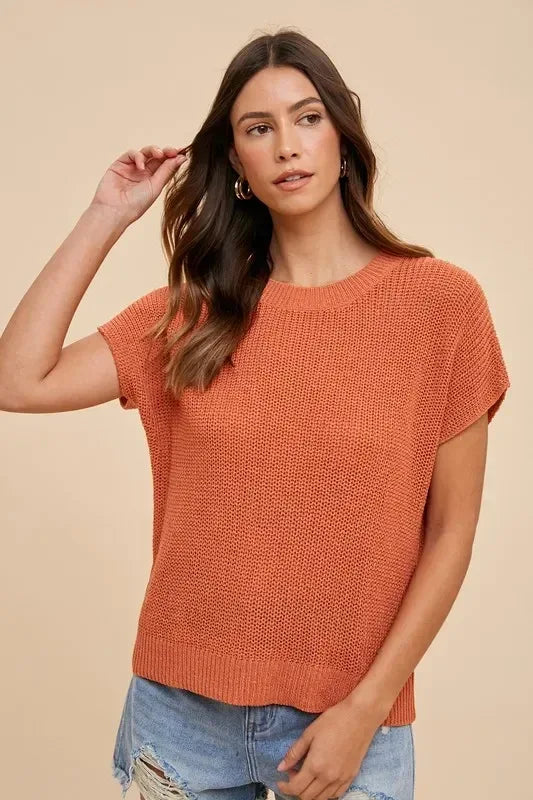 Annie Wear Round Neck Short Sleeve Sweater Terracota - DAVERRI FASHIONS