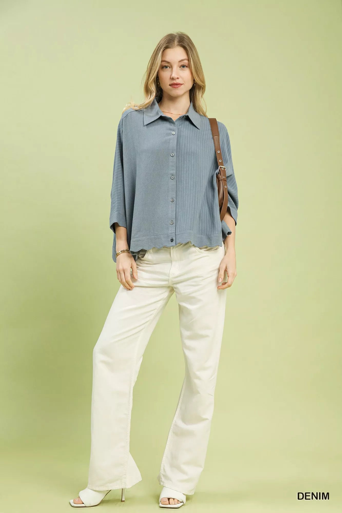 Blue ribbed Umgee oversized striped button-down shirt