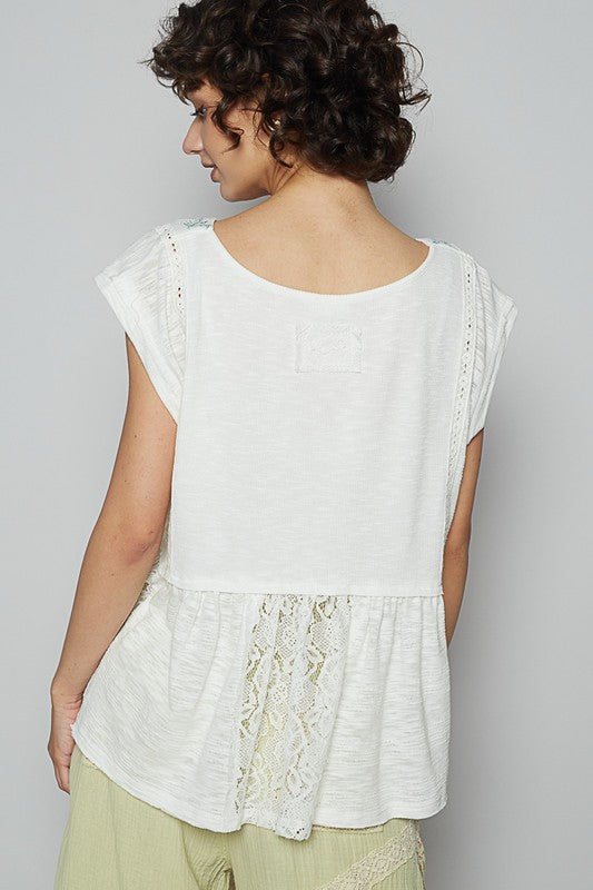 POL Embroidered Detail Boat Neck Cap Sleeve Lace Blouse Blouses