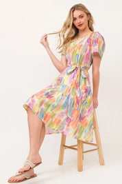 Lime 'N' Chili Watercolor Print Tie Front Midi Dress | Daverri Fashions