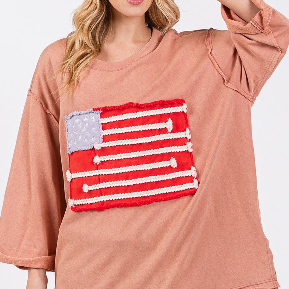 SAGE + FIG Full Size American Flag Patch Drop Shoulder T-Shirt Indian Pink