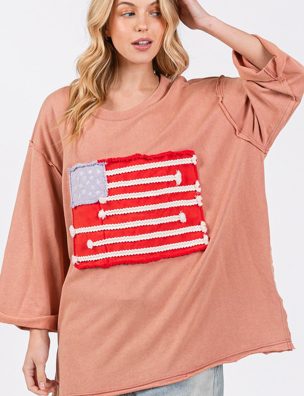 SAGE + FIG Full Size American Flag Patch Drop Shoulder T-Shirt Indian Pink