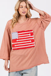 SAGE + FIG Full Size American Flag Patch Drop Shoulder T-Shirt Indian Pink