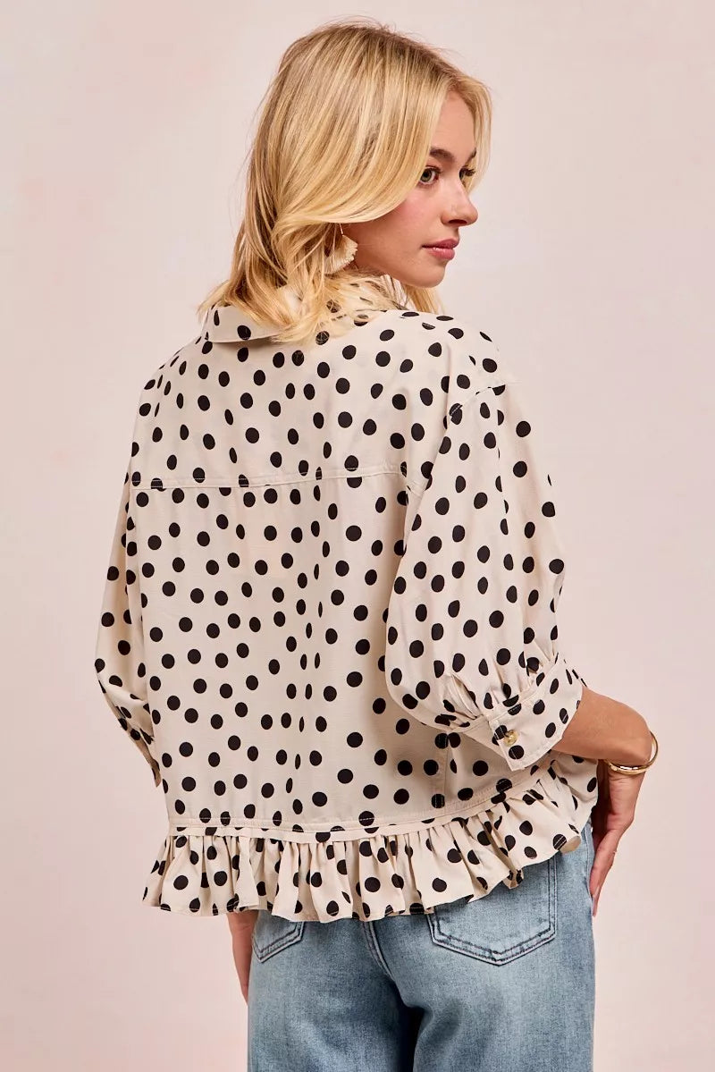 BiBi Polka Dot Printed Peplum Top with Front Button | Blouses Daverri Fashions