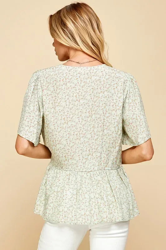 Lime 'N' Chili Ditsy Print V-Neck Short Sleeve Wrap Blouse - DAVERRI FASHIONS