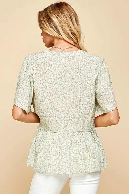 Lime 'N' Chili Ditsy Print V-Neck Short Sleeve Wrap Blouse