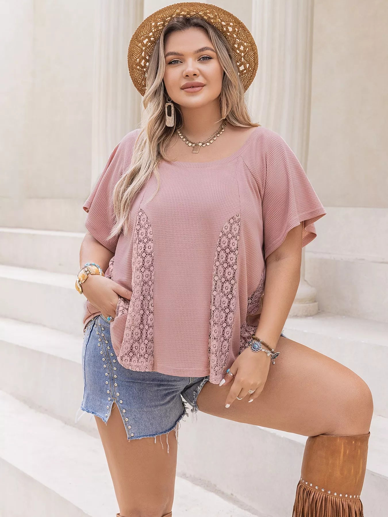 Plus Size Lace Detail Round Neck Short Sleeve T-Shirt | T-Shirts Daverri Fashions