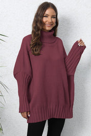 Oversized maroon turtleneck sweater with cable knit sleeve details