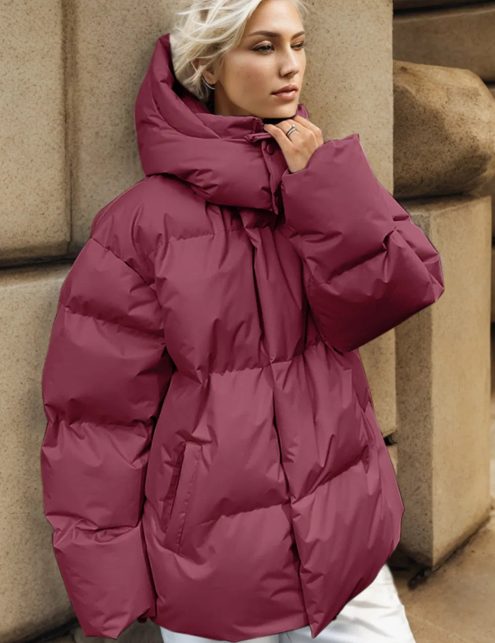 Maroon Pocketed Zip-Up Hooded Puffer Jacket with Oversized Sleeves