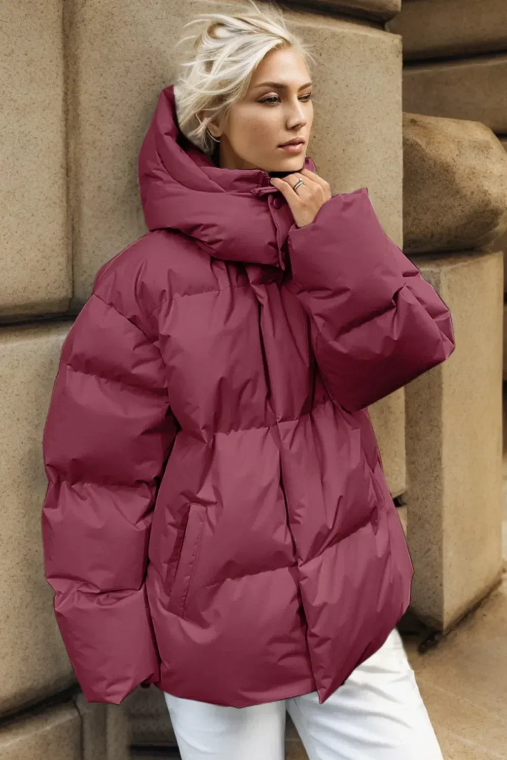 Pocketed Zip Up Hooded Puffer Jacket - DAVERRI FASHIONS