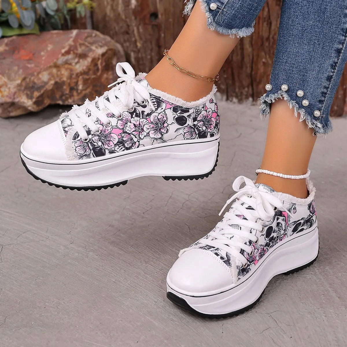 Pink Printed Lace Up Platform Sneakers | Sneakers Daverri Fashions