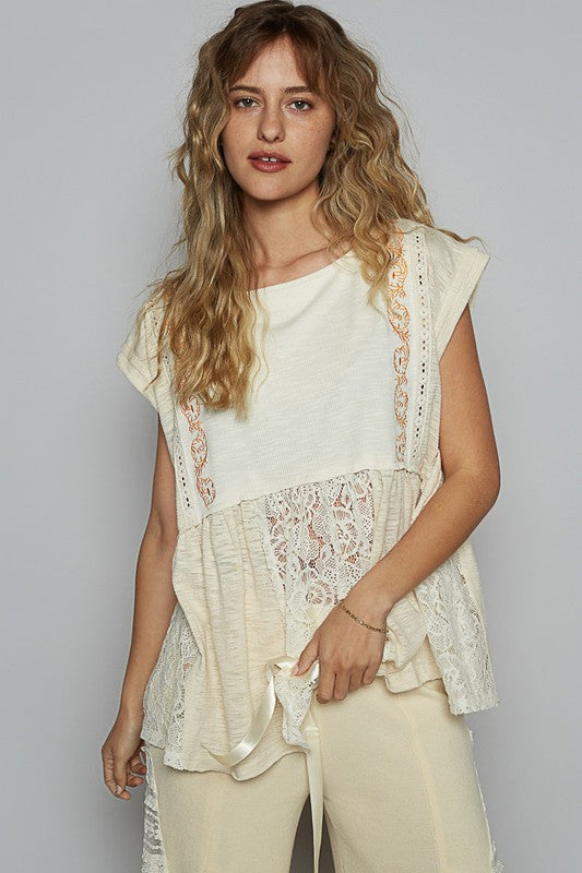 POL Embroidered Detail Boat Neck Cap Sleeve Lace Blouse